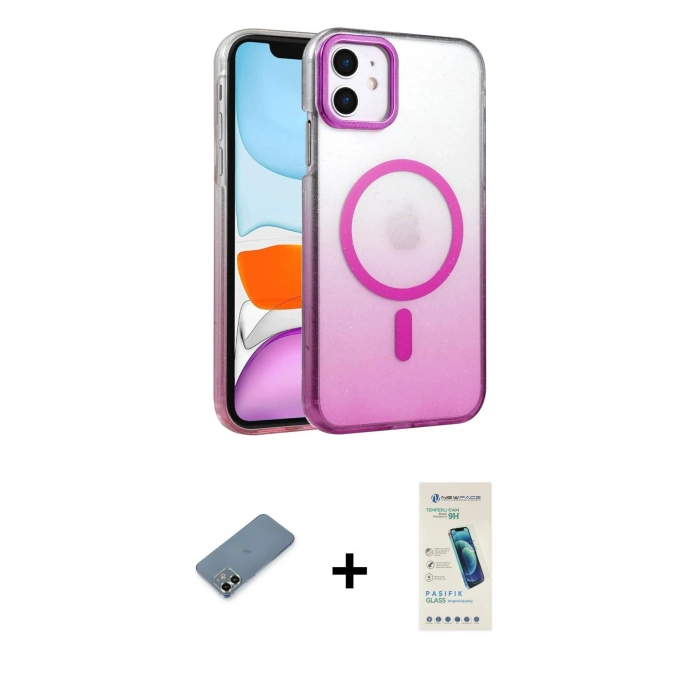 MARSİLYAN™- iPhone 12 Kılıf Ahenk Doku Özel Seri - Şeffaf Pasifik Cam Ekran Koruyucu + Metal Kamera Lens Koruma Cam - AKYL