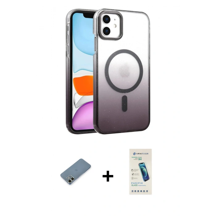 MARSİLYAN™- iPhone 12 Kılıf Ahenk Doku Özel Seri - Şeffaf Pasifik Cam Ekran Koruyucu + Metal Kamera Lens Koruma Cam - AKYL