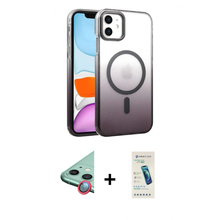 MARSİLYAN™- iPhone 12 Kılıf Ahenk Doku Özel Seri - Şeffaf Pasifik Cam Ekran Koruyucu + Raze Metal Kamera Lens - KI