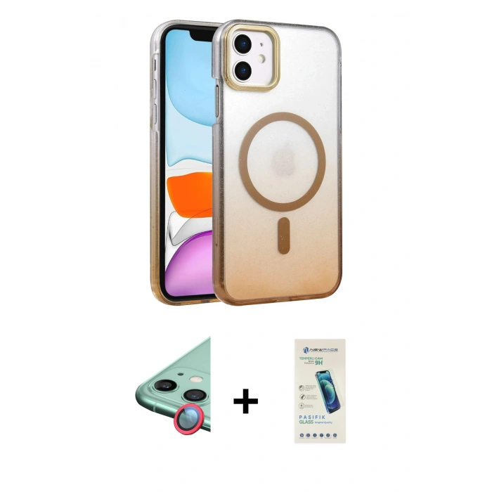 MARSİLYAN™- iPhone 12 Kılıf Ahenk Doku Özel Seri - Şeffaf Pasifik Cam Ekran Koruyucu + Raze Metal Kamera Lens - KI