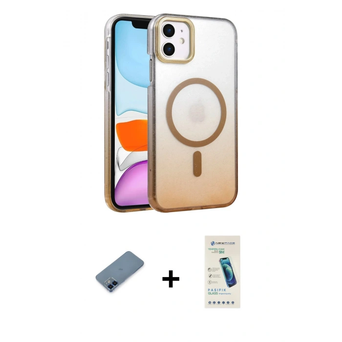 MARSİLYAN™- iPhone 12 Kılıf Ahenk Doku Özel Seri - Şeffaf Pasifik Cam Ekran Koruyucu + Metal Kamera Lens Koruma Cam - MI