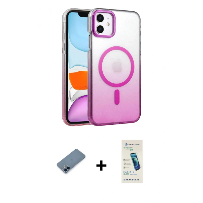 MARSİLYAN™- iPhone 12 Kılıf Ahenk Doku Özel Seri - Şeffaf Pasifik Cam Ekran Koruyucu + Metal Kamera Lens Koruma Cam - MI