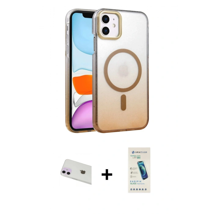 MARSİLYAN™- iPhone 12 Kılıf Ahenk Doku Özel Seri - Şeffaf Pasifik Cam Ekran Koruyucu + Mor Rainbow Kamera Lens Koruma Cam