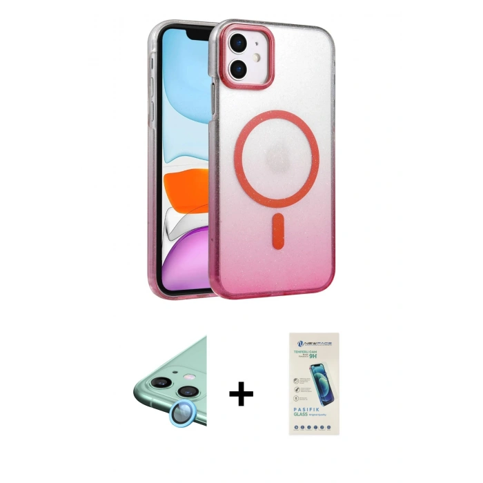 MARSİLYAN™- iPhone 12 Kılıf Ahenk Doku Özel Seri - Şeffaf Pasifik Cam Ekran Koruyucu + Raze Metal Kamera Lens - MI
