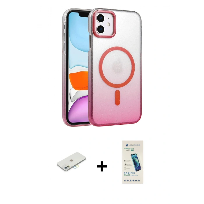 MARSİLYAN™- iPhone 12 Kılıf Ahenk Doku Özel Seri - Şeffaf Pasifik Cam Ekran Koruyucu + Renkli Kamera Lens Koruma Cam - SI