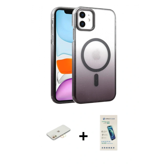 MARSİLYAN™- iPhone 12 Kılıf Ahenk Doku Özel Seri - Şeffaf Pasifik Cam Ekran Koruyucu + Renkli Kamera Lens Koruma Cam - SI