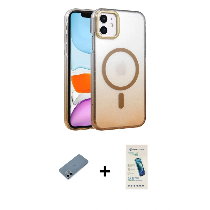 MARSİLYAN™- iPhone 12 Kılıf Ahenk Doku Özel Seri - Şeffaf Pasifik Cam Ekran Koruyucu + Shine Kamera Lens Koruma Cam - SABE