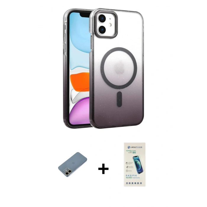 MARSİLYAN™- iPhone 12 Kılıf Ahenk Doku Özel Seri - Şeffaf Pasifik Cam Ekran Koruyucu + Shine Kamera Lens Koruma Cam - GD