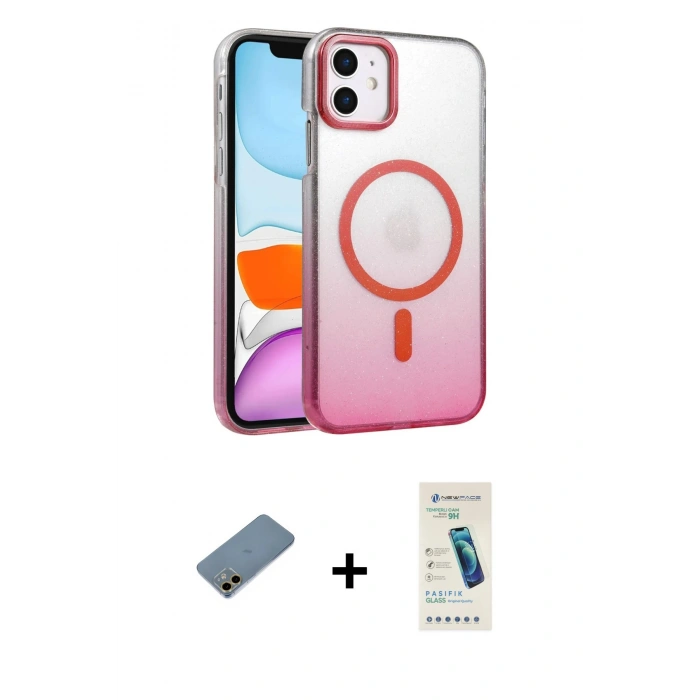 MARSİLYAN™- iPhone 12 Kılıf Ahenk Doku Özel Seri - Şeffaf Pasifik Cam Ekran Koruyucu + Shine Kamera Lens Koruma Cam - GD