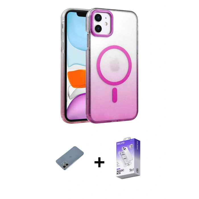 MARSİLYAN™- iPhone 12 Kılıf Ahenk Doku Özel Seri - Siyah Bilvis 5in1 3D Magic Cam Ekran Koruyucu + Shine Kamera Lens Koruma Cam - GI