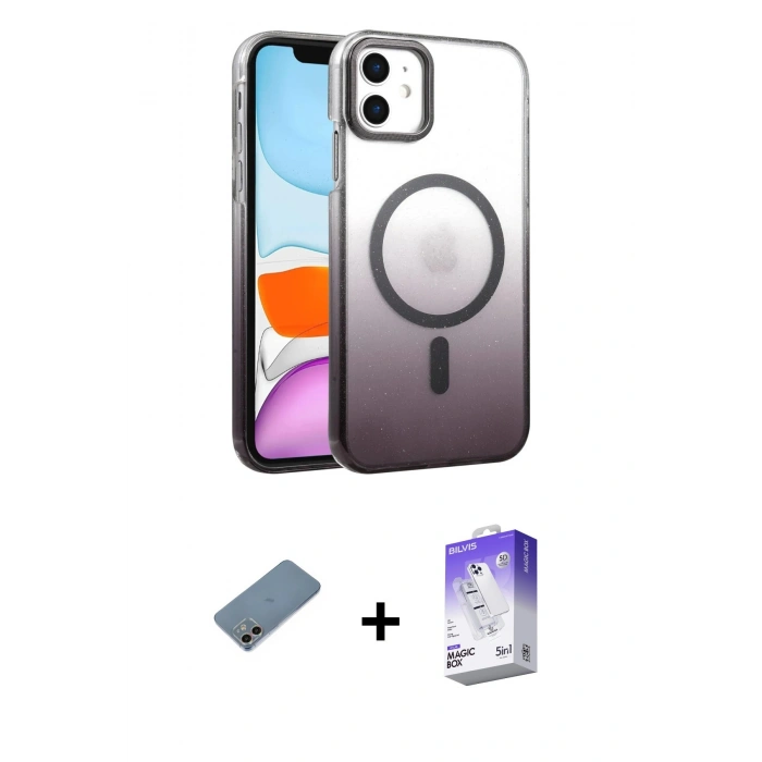 MARSİLYAN™- iPhone 12 Kılıf Ahenk Doku Özel Seri - Siyah Bilvis 5in1 3D Magic Cam Ekran Koruyucu + Shine Kamera Lens Koruma Cam - GI