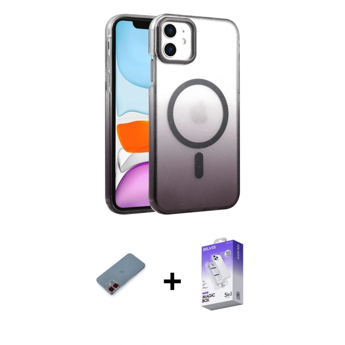 MARSİLYAN™- iPhone 12 Kılıf Ahenk Doku Özel Seri - Siyah Bilvis 5in1 3D Magic Cam Ekran Koruyucu + Metal Kamera Lens Koruma Cam - KI