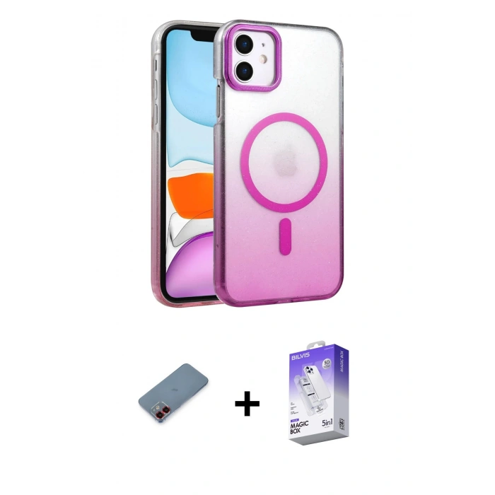 MARSİLYAN™- iPhone 12 Kılıf Ahenk Doku Özel Seri - Siyah Bilvis 5in1 3D Magic Cam Ekran Koruyucu + Metal Kamera Lens Koruma Cam - KI