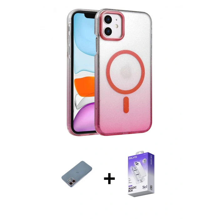 MARSİLYAN™- iPhone 12 Kılıf Ahenk Doku Özel Seri - Siyah Bilvis 5in1 3D Magic Cam Ekran Koruyucu + Pembe Shine Kamera Lens Koruma Cam