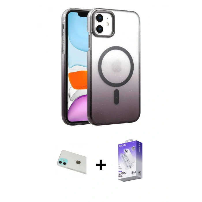 MARSİLYAN™- iPhone 12 Kılıf Ahenk Doku Özel Seri - Siyah Bilvis 5in1 3D Magic Cam Ekran Koruyucu + Rainbow Kamera Lens Koruma Cam - YL