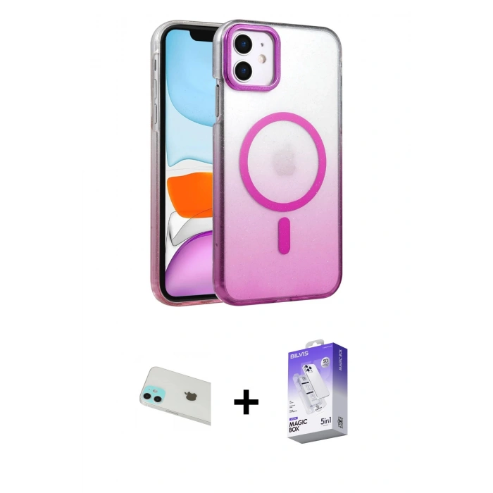 MARSİLYAN™- iPhone 12 Kılıf Ahenk Doku Özel Seri - Siyah Bilvis 5in1 3D Magic Cam Ekran Koruyucu + Rainbow Kamera Lens Koruma Cam - YL