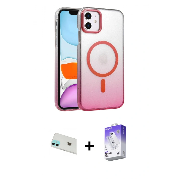 MARSİLYAN™- iPhone 12 Kılıf Ahenk Doku Özel Seri - Siyah Bilvis 5in1 3D Magic Cam Ekran Koruyucu + Rainbow Kamera Lens Koruma Cam - YL