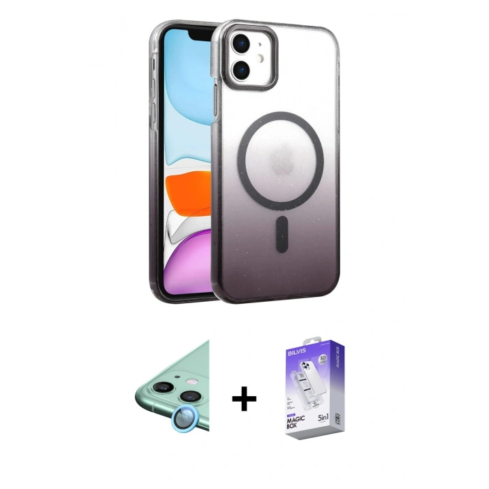 MARSİLYAN™- iPhone 12 Kılıf Ahenk Doku Özel Seri - Siyah Bilvis 5in1 3D Magic Cam Ekran Koruyucu + Raze Metal Kamera Lens - MI
