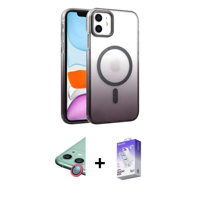 MARSİLYAN™- iPhone 12 Kılıf Ahenk Doku Özel Seri - Siyah Bilvis 5in1 3D Magic Cam Ekran Koruyucu + Raze Metal Kamera Lens - KI