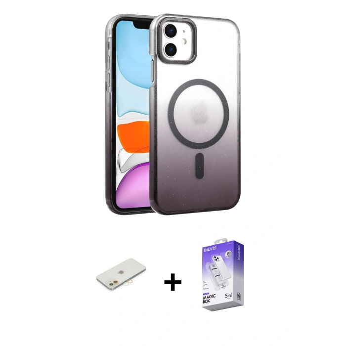 MARSİLYAN™- iPhone 12 Kılıf Ahenk Doku Özel Seri - Siyah Bilvis 5in1 3D Magic Cam Ekran Koruyucu + Renkli Kamera Lens Koruma Cam - TU