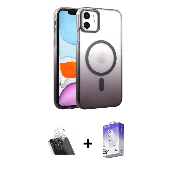 MARSİLYAN™- iPhone 12 Kılıf Ahenk Doku Özel Seri - Siyah Bilvis 5in1 3D Magic Cam Ekran Koruyucu + Kamera Lens Koruma Cam - SF