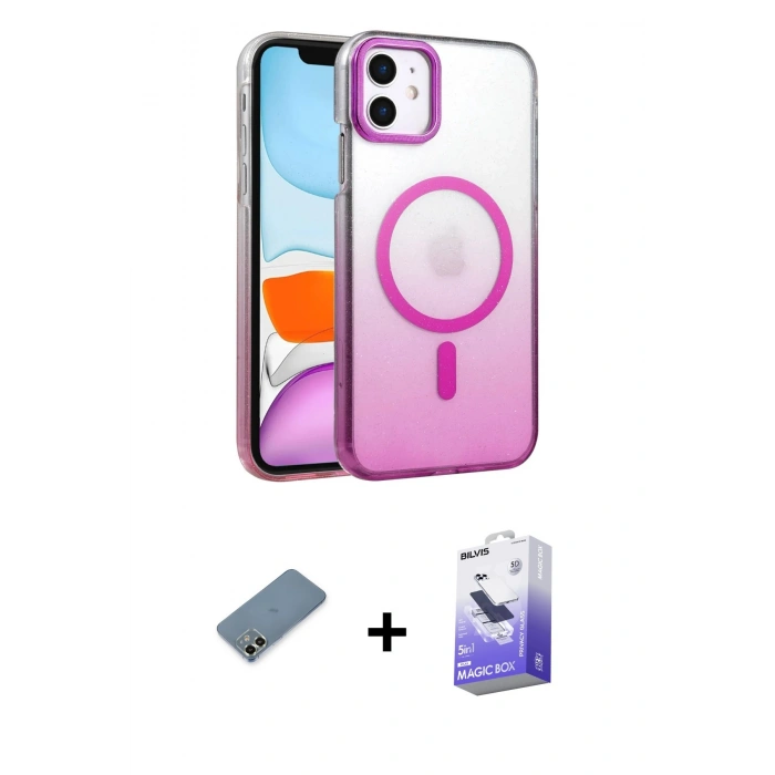 MARSİLYAN™- iPhone 12 Kılıf Ahenk Doku Özel Seri - Siyah Bilvis 5in1 5D Magic Hayalet Cam Ekran Koruyucu + Metal Kamera Lens Koruma Cam - AKYL