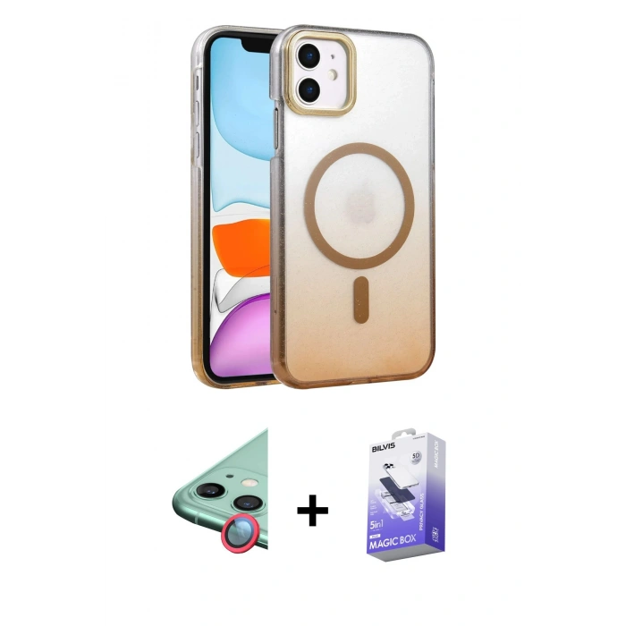 MARSİLYAN™- iPhone 12 Kılıf Ahenk Doku Özel Seri - Siyah Bilvis 5in1 5D Magic Hayalet Cam Ekran Koruyucu + Kırmızı Raze Metal Kamera Lens