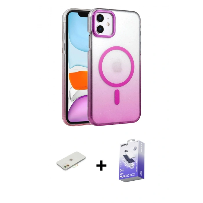 MARSİLYAN™- iPhone 12 Kılıf Ahenk Doku Özel Seri - Siyah Bilvis 5in1 5D Magic Hayalet Cam Ekran Koruyucu + Turuncu Renkli Kamera Lens Koruma Cam