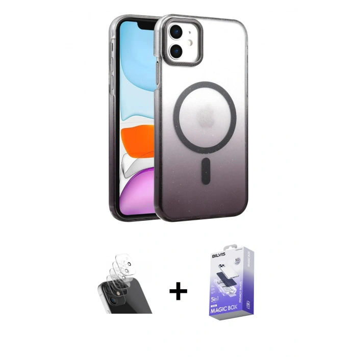 MARSİLYAN™- iPhone 12 Kılıf Ahenk Doku Özel Seri - Siyah Bilvis 5in1 5D Magic Hayalet Cam Ekran Koruyucu + Şeffaf Kamera Lens Koruma Cam