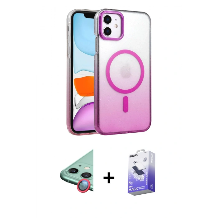 MARSİLYAN™- iPhone 12 Kılıf Ahenk Doku Özel Seri - Siyah Bilvis 5in1 5D Magic Hayalet Cam Ekran Koruyucu + Kırmızı Raze Metal Kamera Lens