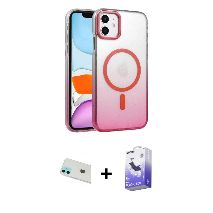MARSİLYAN™- iPhone 12 Kılıf Ahenk Doku Özel Seri - Siyah Bilvis 5in1 5D Magic Hayalet Cam Ekran Koruyucu + Rainbow Kamera Lens Koruma Cam - YL