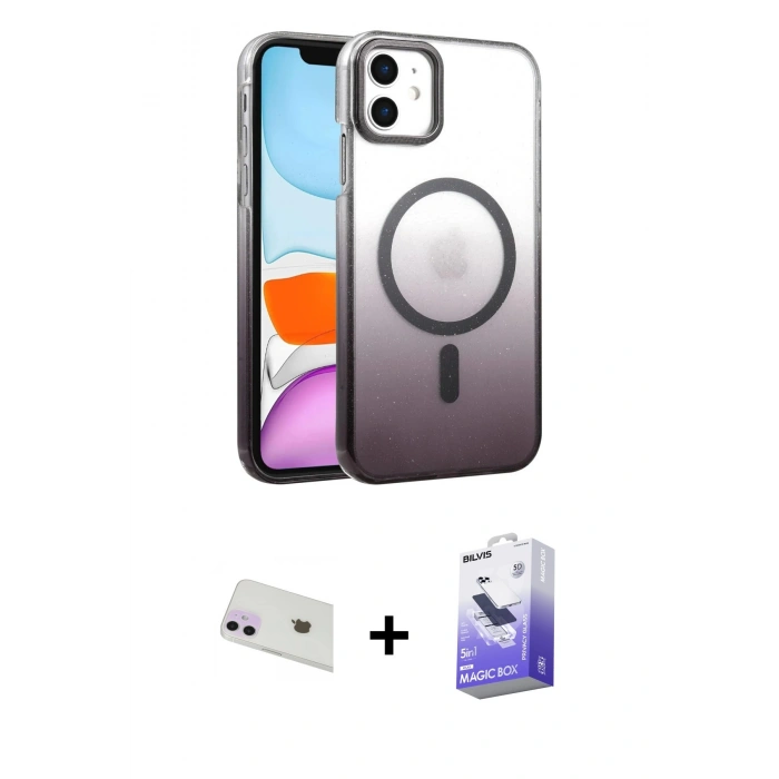 MARSİLYAN™- iPhone 12 Kılıf Ahenk Doku Özel Seri - Siyah Bilvis 5in1 5D Magic Hayalet Cam Ekran Koruyucu + Rainbow Kamera Lens Koruma Cam - MR