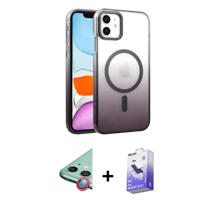 MARSİLYAN™- iPhone 12 Kılıf Ahenk Doku Özel Seri - Siyah Bilvis 5in1 5D Magic Hayalet Cam Ekran Koruyucu + Kırmızı Raze Metal Kamera Lens