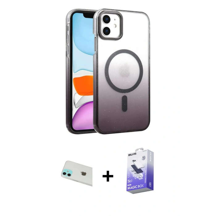 MARSİLYAN™- iPhone 12 Kılıf Ahenk Doku Özel Seri - Siyah Bilvis 5in1 5D Magic Hayalet Cam Ekran Koruyucu + Rainbow Kamera Lens Koruma Cam - YL