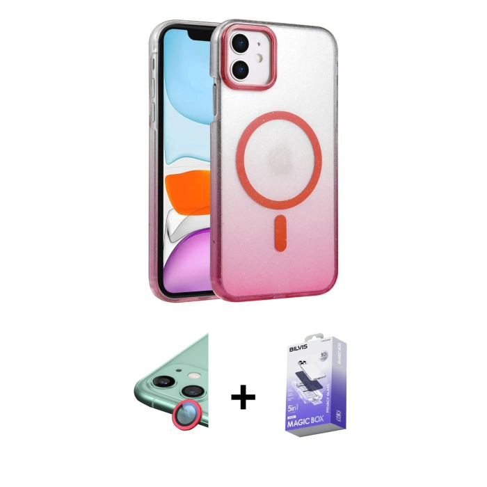 MARSİLYAN™- iPhone 12 Kılıf Ahenk Doku Özel Seri - Siyah Bilvis 5in1 5D Magic Hayalet Cam Ekran Koruyucu + Kırmızı Raze Metal Kamera Lens