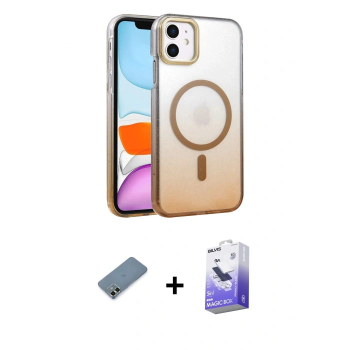 MARSİLYAN™- iPhone 12 Kılıf Ahenk Doku Özel Seri - Siyah Bilvis 5in1 5D Magic Hayalet Cam Ekran Koruyucu + Metal Kamera Lens Koruma Cam - AKYL