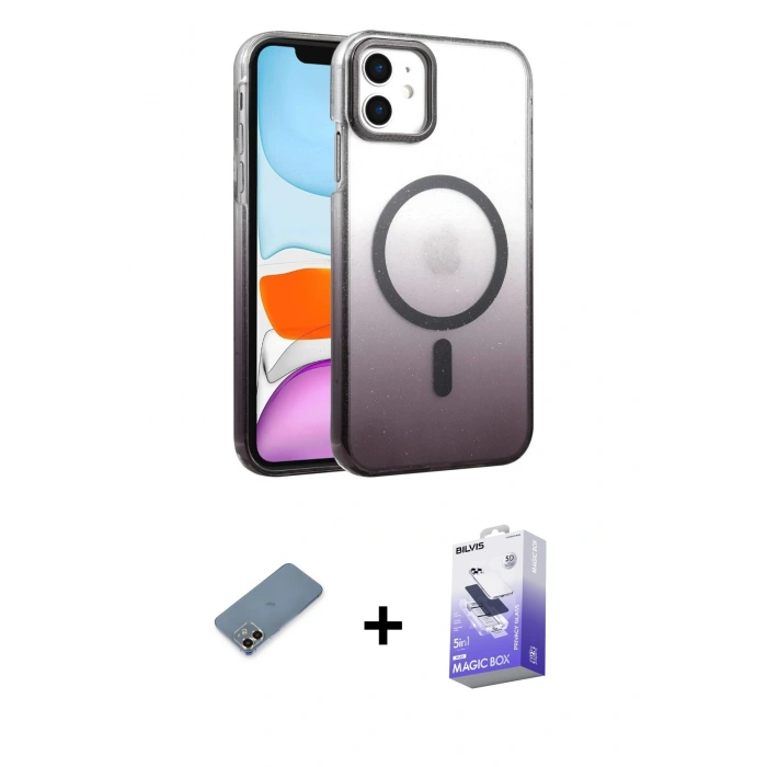 MARSİLYAN™- iPhone 12 Kılıf Ahenk Doku Özel Seri - Siyah Bilvis 5in1 5D Magic Hayalet Cam Ekran Koruyucu + Metal Kamera Lens Koruma Cam - GD