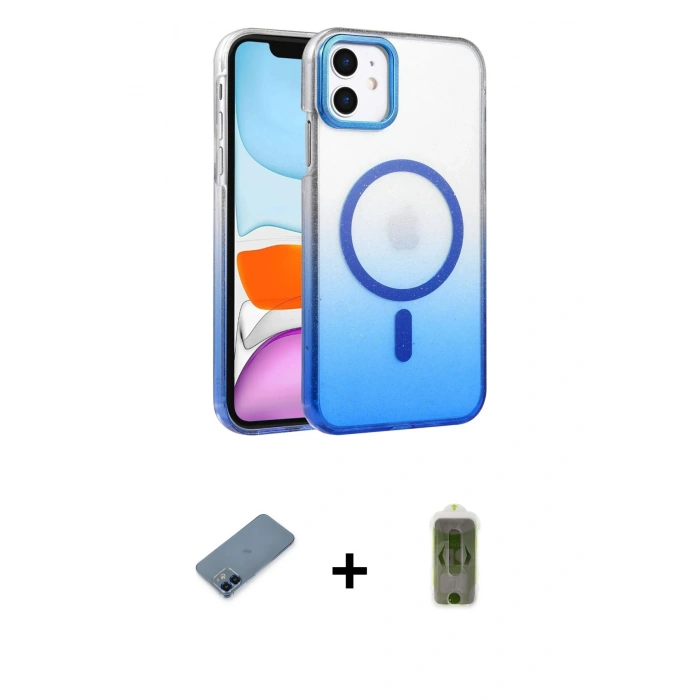 MARSİLYAN™- iPhone 12 Kılıf Ahenk Doku Özel Seri - Siyah Joko Magic 5D Hayalet Cam + Mavi Metal Kamera Lens Koruma Cam
