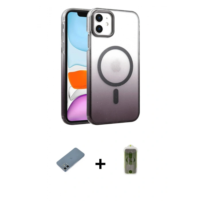 MARSİLYAN™- iPhone 12 Kılıf Ahenk Doku Özel Seri - Siyah Joko Magic 5D Hayalet Cam + Shine Kamera Lens Koruma Cam - SABE