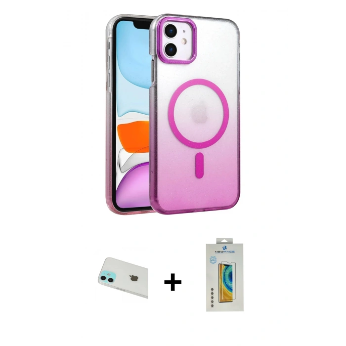 MARSİLYAN™- iPhone 12 Kılıf Ahenk Doku Özel Seri - Siyah Polymer Nano Ekran Koruyucu + Rainbow Kamera Lens Koruma Cam - YL