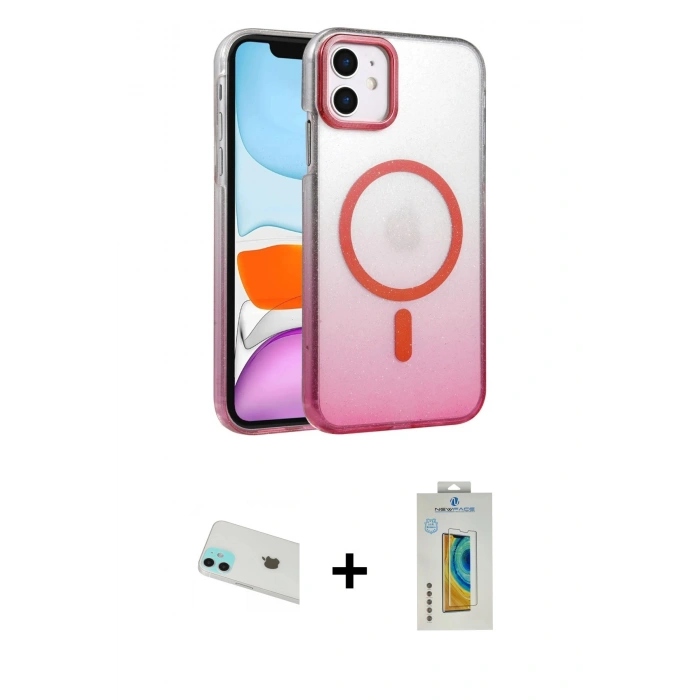 MARSİLYAN™- iPhone 12 Kılıf Ahenk Doku Özel Seri - Siyah Polymer Nano Ekran Koruyucu + Rainbow Kamera Lens Koruma Cam - YL