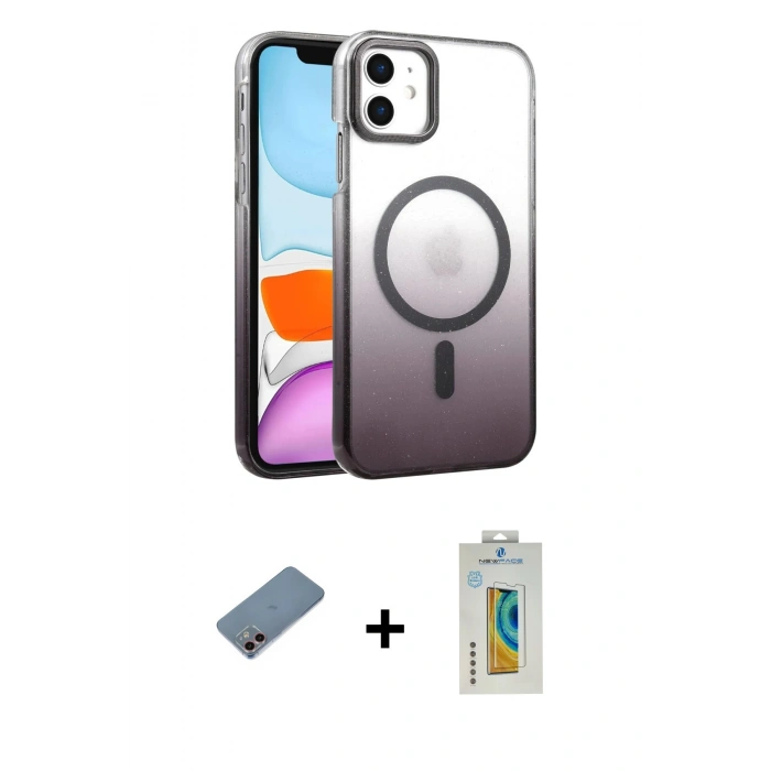 MARSİLYAN™- iPhone 12 Kılıf Ahenk Doku Özel Seri - Siyah Polymer Nano Ekran Koruyucu + Shine Kamera Lens Koruma Cam - PE