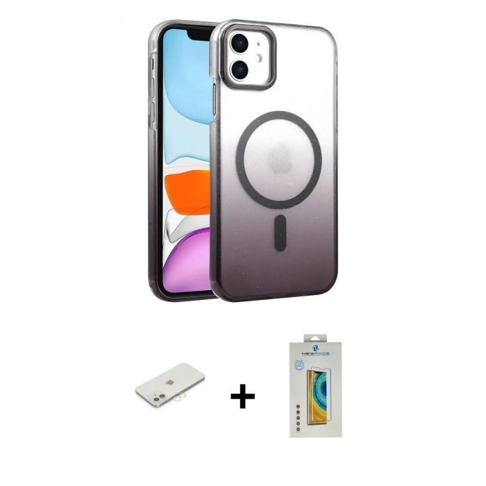 MARSİLYAN™- iPhone 12 Kılıf Ahenk Doku Özel Seri - Siyah Polymer Nano Ekran Koruyucu + Renkli Kamera Lens Koruma Cam - TU