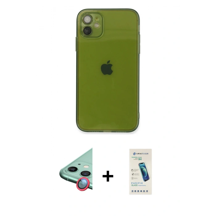 MARSİLYAN™- iPhone 12 Kılıf Ahenk Doku - Şeffaf Pasifik Cam Ekran Koruyucu + Raze Metal Kamera Lens - KI