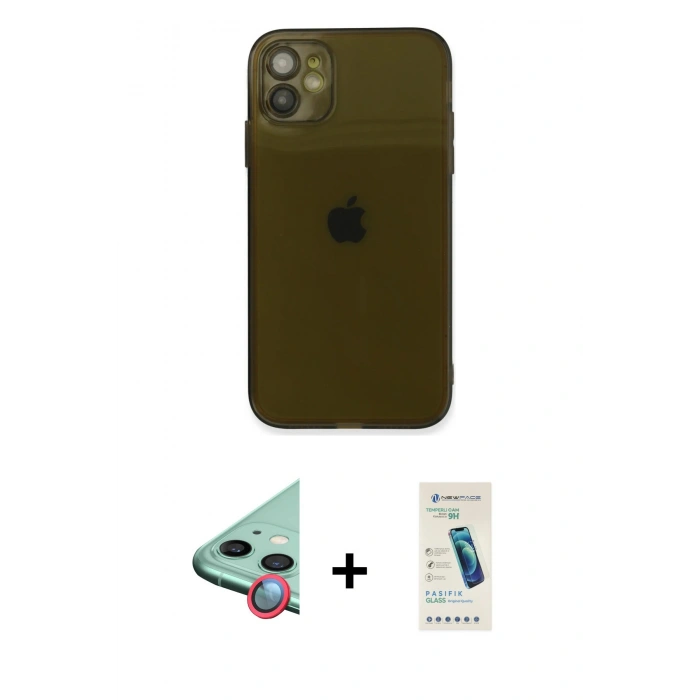 MARSİLYAN™- iPhone 12 Kılıf Ahenk Doku - Şeffaf Pasifik Cam Ekran Koruyucu + Raze Metal Kamera Lens - KI