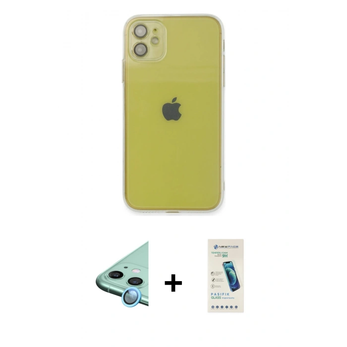 MARSİLYAN™- iPhone 12 Kılıf Ahenk Doku - Şeffaf Pasifik Cam Ekran Koruyucu + Raze Metal Kamera Lens - MI