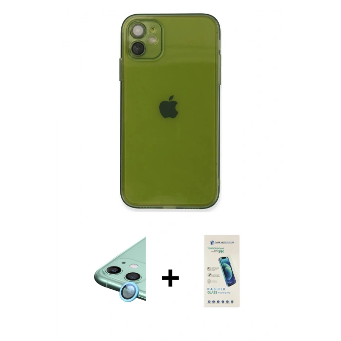 MARSİLYAN™- iPhone 12 Kılıf Ahenk Doku - Şeffaf Pasifik Cam Ekran Koruyucu + Raze Metal Kamera Lens - MI