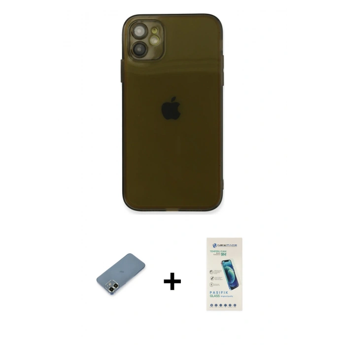 MARSİLYAN™- iPhone 12 Kılıf Ahenk Doku - Şeffaf Pasifik Cam Ekran Koruyucu + Metal Kamera Lens Koruma Cam - AKYL