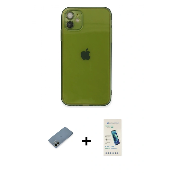 MARSİLYAN™- iPhone 12 Kılıf Ahenk Doku - Şeffaf Pasifik Cam Ekran Koruyucu + Metal Kamera Lens Koruma Cam - AKYL