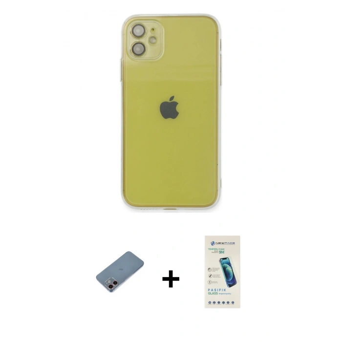 MARSİLYAN™- iPhone 12 Kılıf Ahenk Doku - Şeffaf Pasifik Cam Ekran Koruyucu + Shine Kamera Lens Koruma Cam - PE